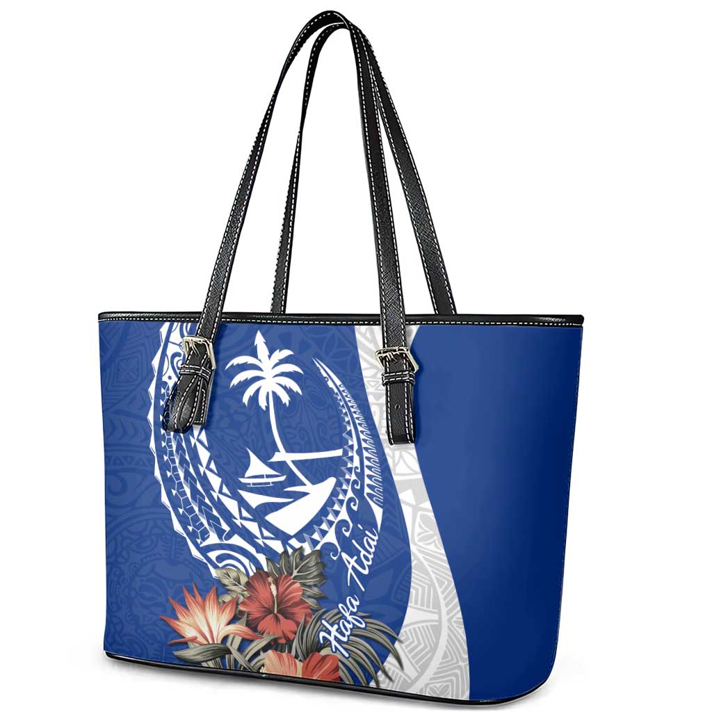 Blue Guam Hafa Adai Leather Tote Bag Tropical Flowers with Polynesian Pattern
