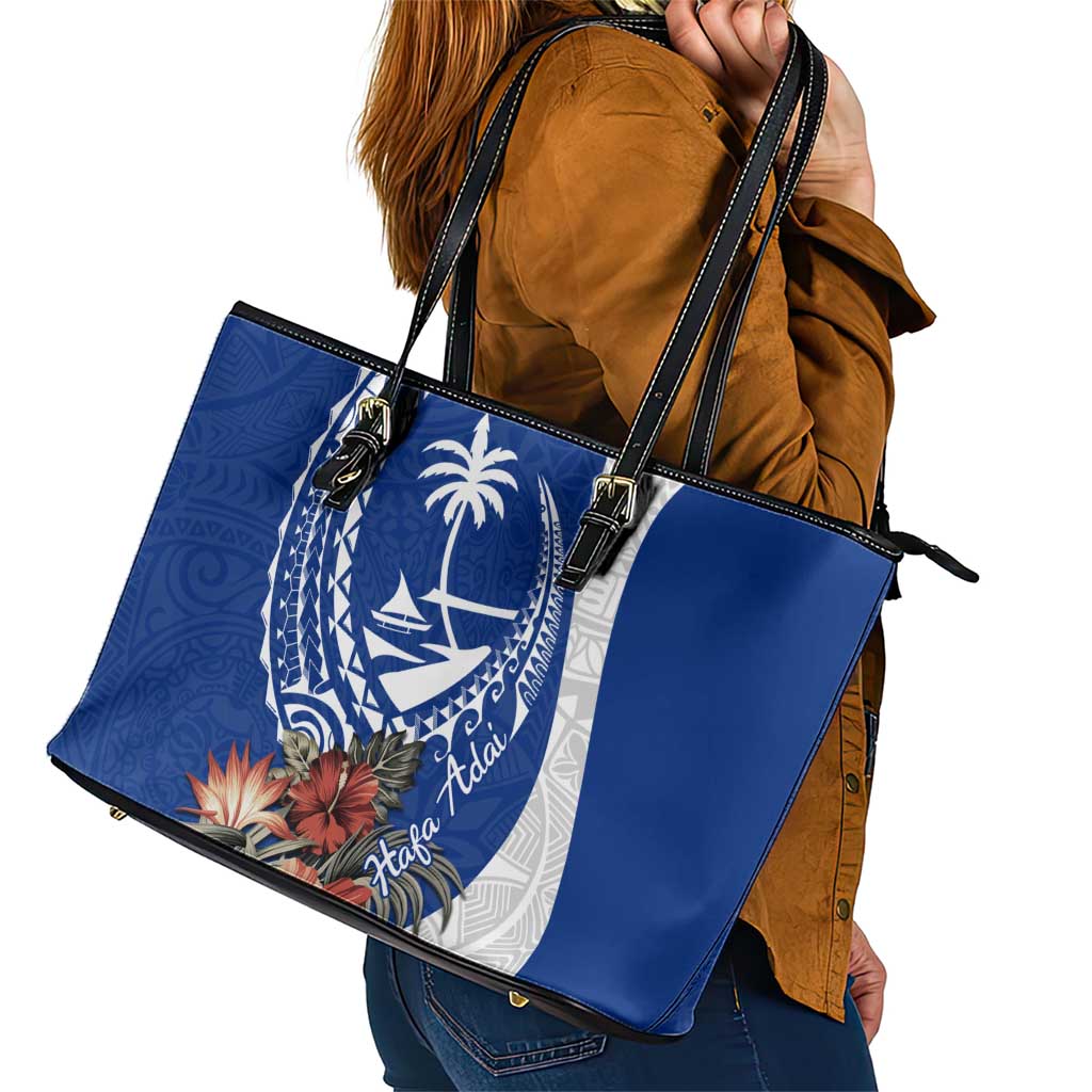 Blue Guam Hafa Adai Leather Tote Bag Tropical Flowers with Polynesian Pattern