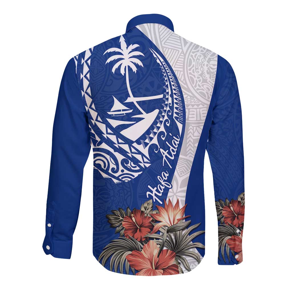 Blue Guam Hafa Adai Long Sleeve Button Shirt Tropical Flowers with Polynesian Pattern