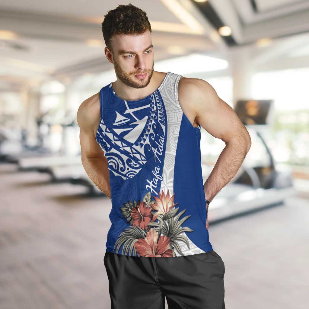 Blue Guam Hafa Adai Men Tank Top Tropical Flowers with Polynesian Pattern