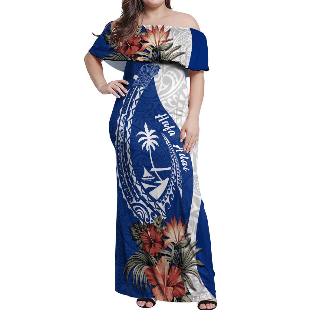 Blue Guam Hafa Adai Off Shoulder Maxi Dress Tropical Flowers with Polynesian Pattern