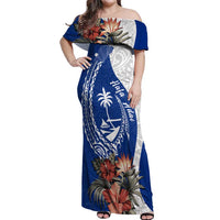 Blue Guam Hafa Adai Off Shoulder Maxi Dress Tropical Flowers with Polynesian Pattern