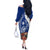 Blue Guam Hafa Adai Off The Shoulder Long Sleeve Dress Tropical Flowers with Polynesian Pattern