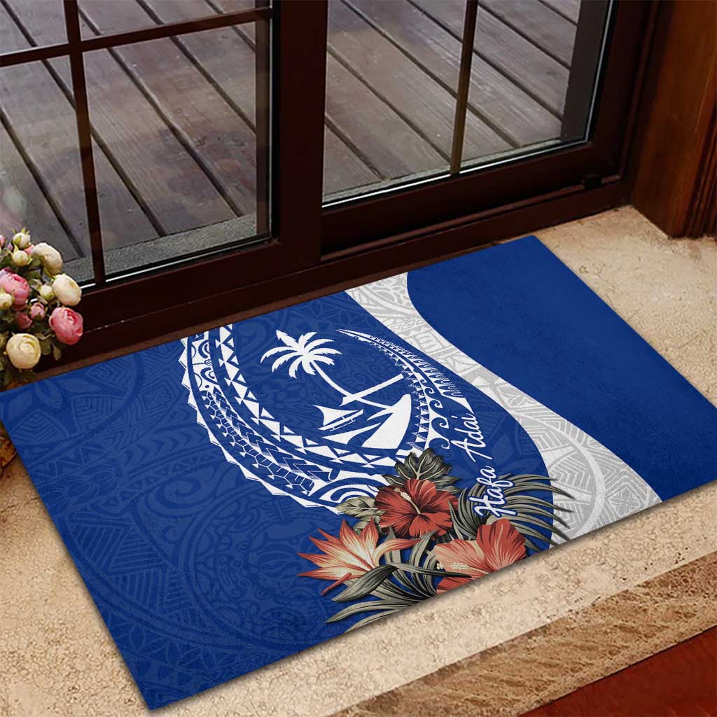 Blue Guam Hafa Adai Rubber Doormat Tropical Flowers with Polynesian Pattern
