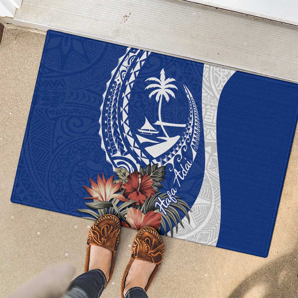 Blue Guam Hafa Adai Rubber Doormat Tropical Flowers with Polynesian Pattern