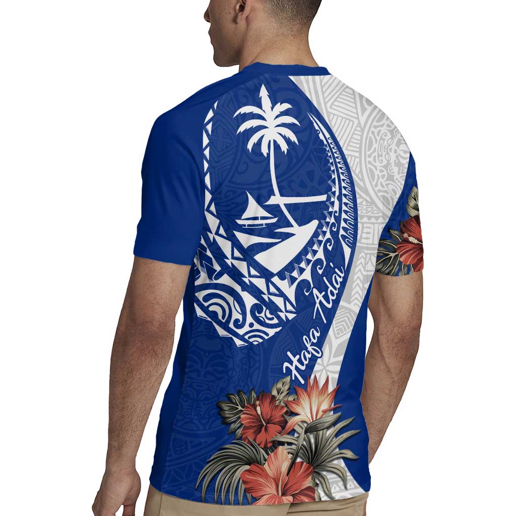 Blue Guam Hafa Adai Rugby Jersey Tropical Flowers with Polynesian Pattern