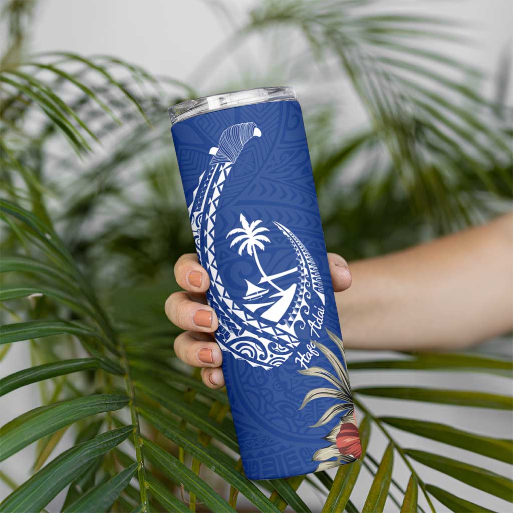 Blue Guam Hafa Adai Skinny Tumbler Tropical Flowers with Polynesian Pattern