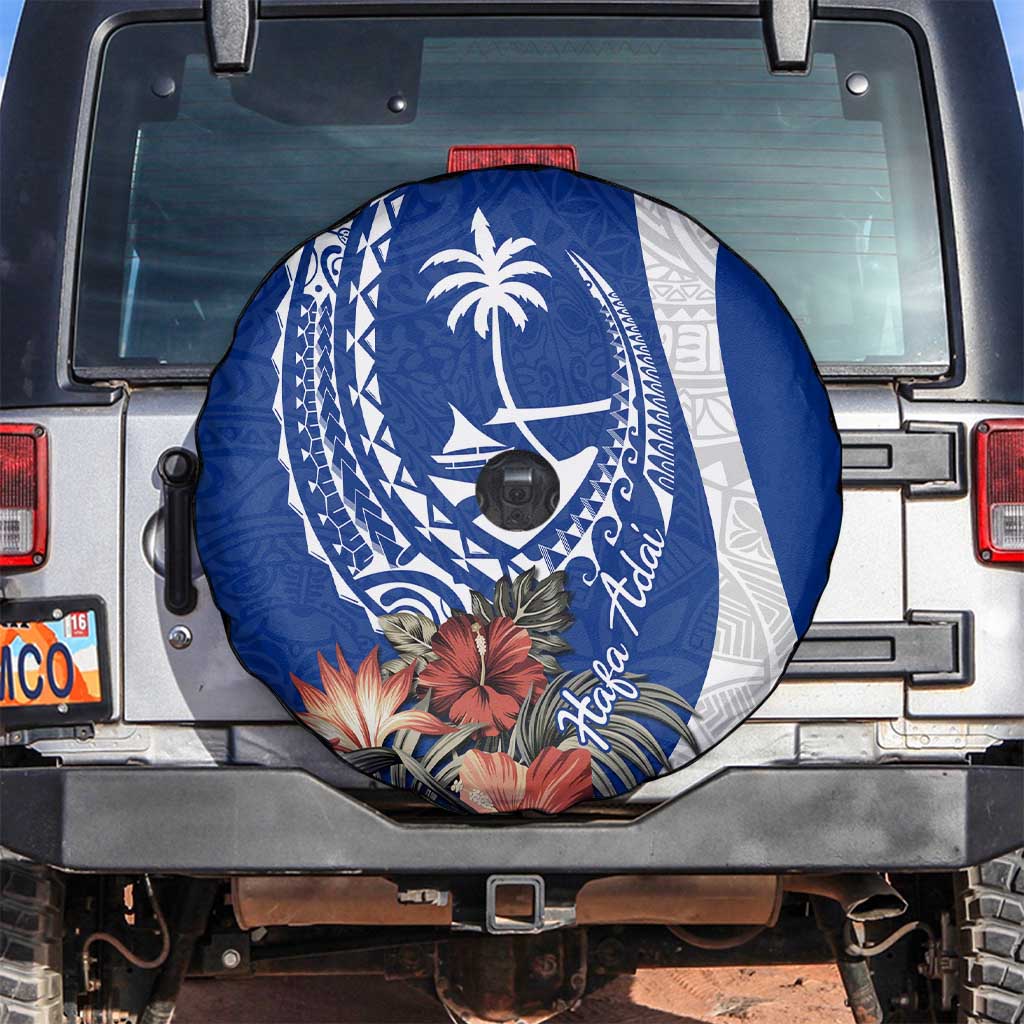 Blue Guam Hafa Adai Spare Tire Cover Tropical Flowers with Polynesian Pattern