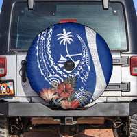 Blue Guam Hafa Adai Spare Tire Cover Tropical Flowers with Polynesian Pattern
