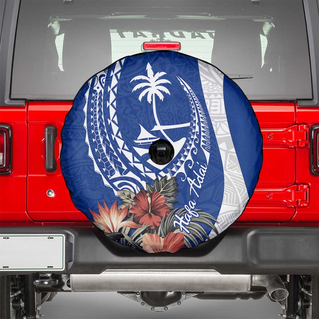 Blue Guam Hafa Adai Spare Tire Cover Tropical Flowers with Polynesian Pattern