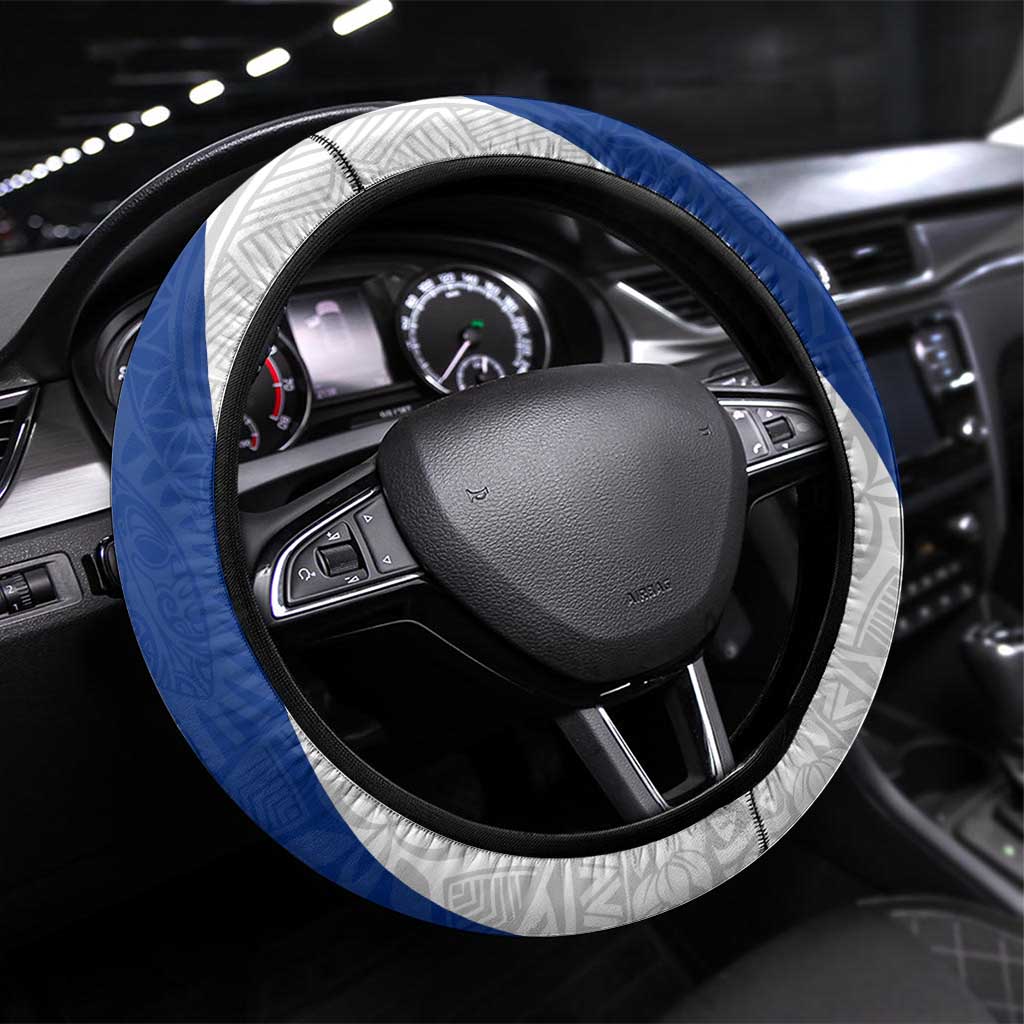 Blue Guam Hafa Adai Steering Wheel Cover Tropical Flowers with Polynesian Pattern