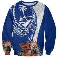 Blue Guam Hafa Adai Sweatshirt Tropical Flowers with Polynesian Pattern