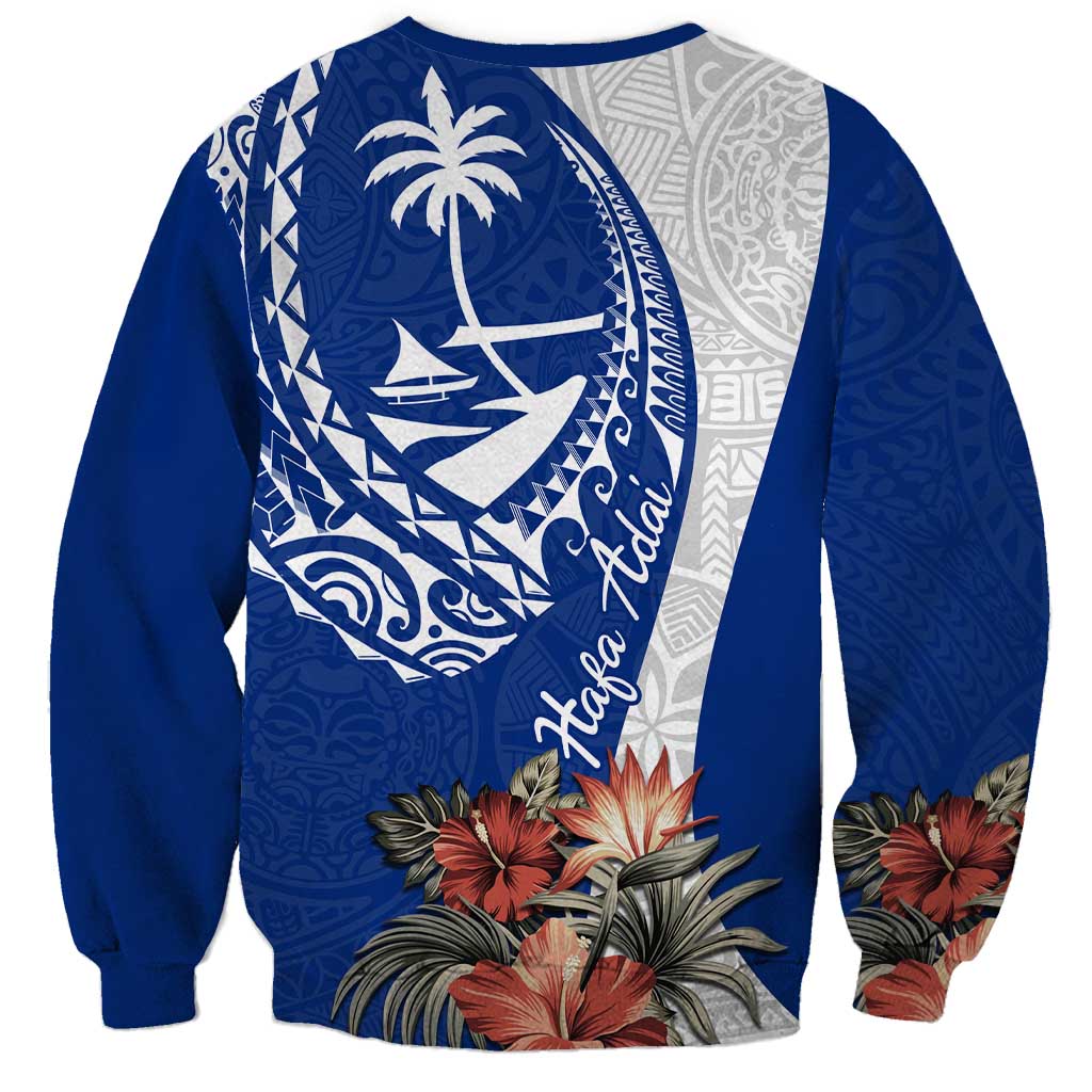 Blue Guam Hafa Adai Sweatshirt Tropical Flowers with Polynesian Pattern