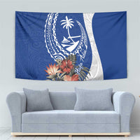 Blue Guam Hafa Adai Tapestry Tropical Flowers with Polynesian Pattern