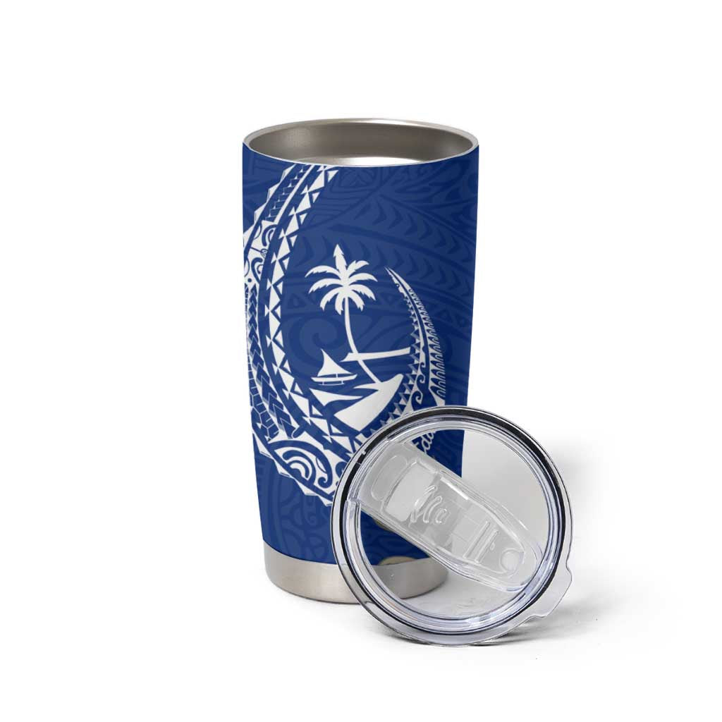 Blue Guam Hafa Adai Tumbler Cup Tropical Flowers with Polynesian Pattern