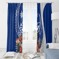 Blue Guam Hafa Adai Window Curtain Tropical Flowers with Polynesian Pattern