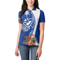 Blue Guam Hafa Adai Women Polo Shirt Tropical Flowers with Polynesian Pattern