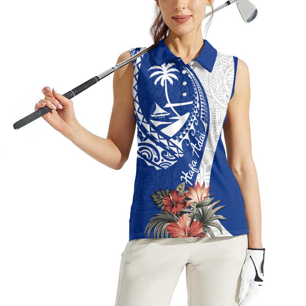 Blue Guam Hafa Adai Women Sleeveless Polo Shirt Tropical Flowers with Polynesian Pattern