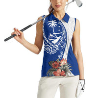 Blue Guam Hafa Adai Women Sleeveless Polo Shirt Tropical Flowers with Polynesian Pattern
