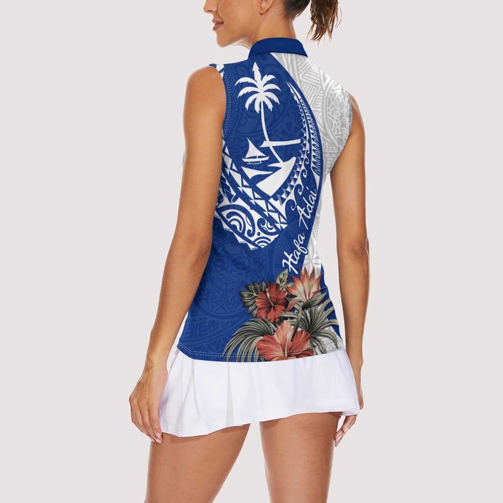 Blue Guam Hafa Adai Women Sleeveless Polo Shirt Tropical Flowers with Polynesian Pattern