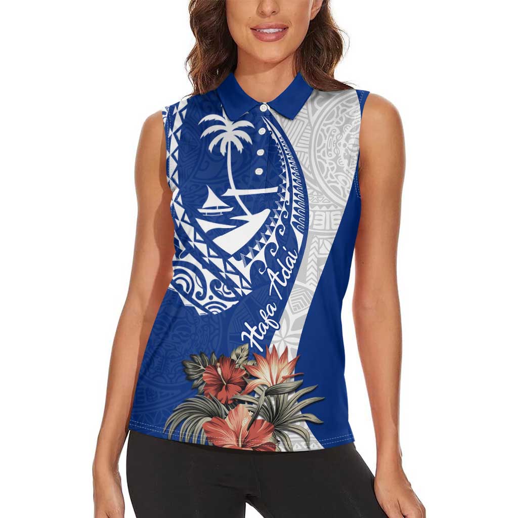 Blue Guam Hafa Adai Women Sleeveless Polo Shirt Tropical Flowers with Polynesian Pattern