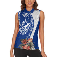 Blue Guam Hafa Adai Women Sleeveless Polo Shirt Tropical Flowers with Polynesian Pattern