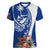 Blue Guam Hafa Adai Women V-Neck T-Shirt Tropical Flowers with Polynesian Pattern