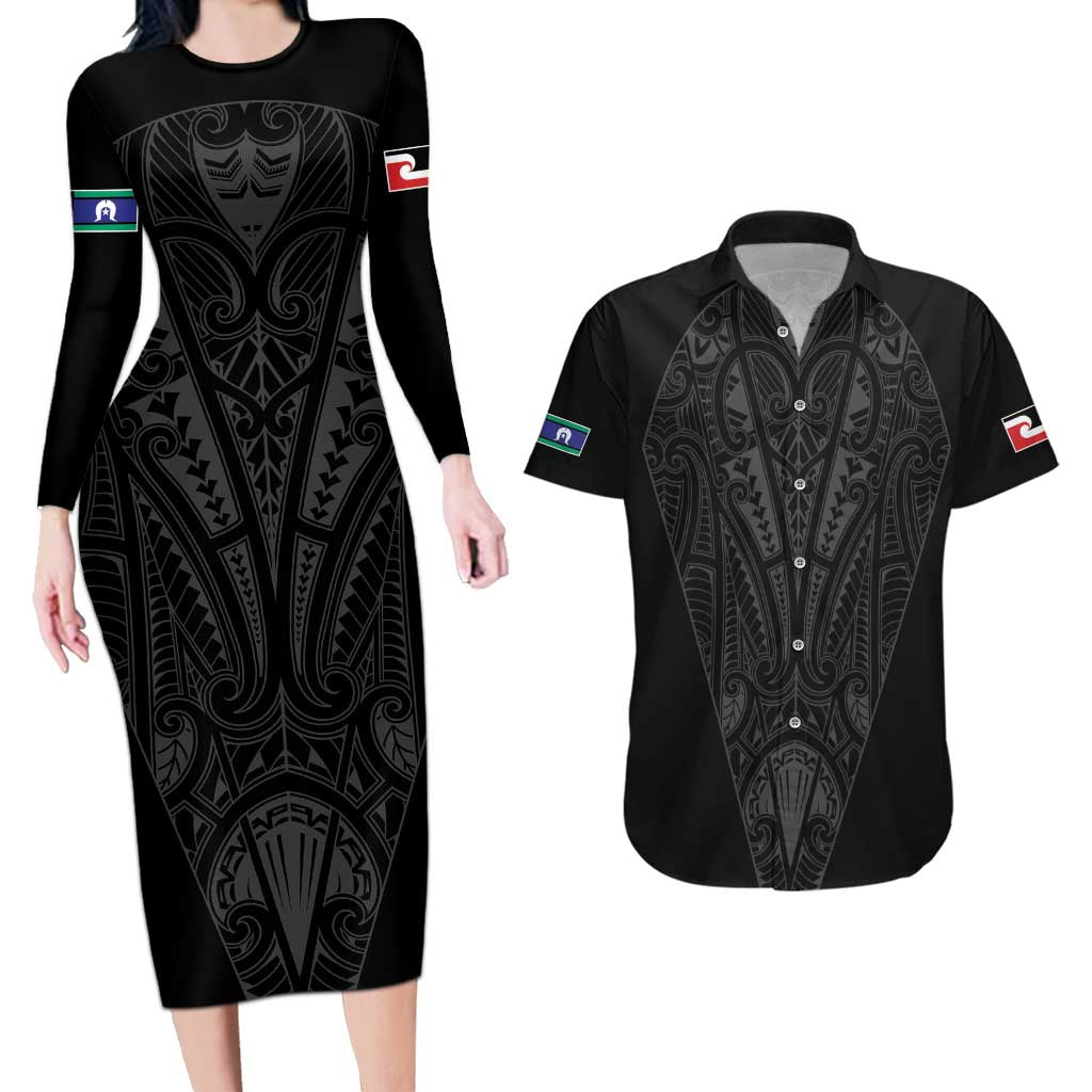 Queensland Maori Rugby Nga Hau e Wha Couples Matching Long Sleeve Bodycon Dress and Hawaiian Shirt Black Motif LT9 Black - Polynesian Pride