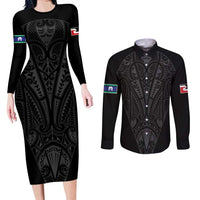 Queensland Maori Rugby Nga Hau e Wha Couples Matching Long Sleeve Bodycon Dress and Long Sleeve Button Shirt Black Motif