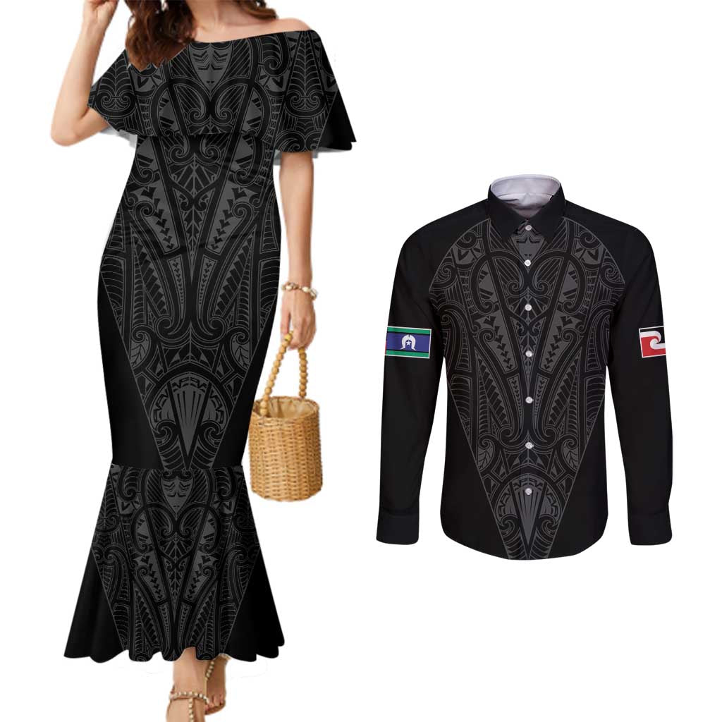 Queensland Maori Rugby Nga Hau e Wha Couples Matching Mermaid Dress and Long Sleeve Button Shirt Black Motif