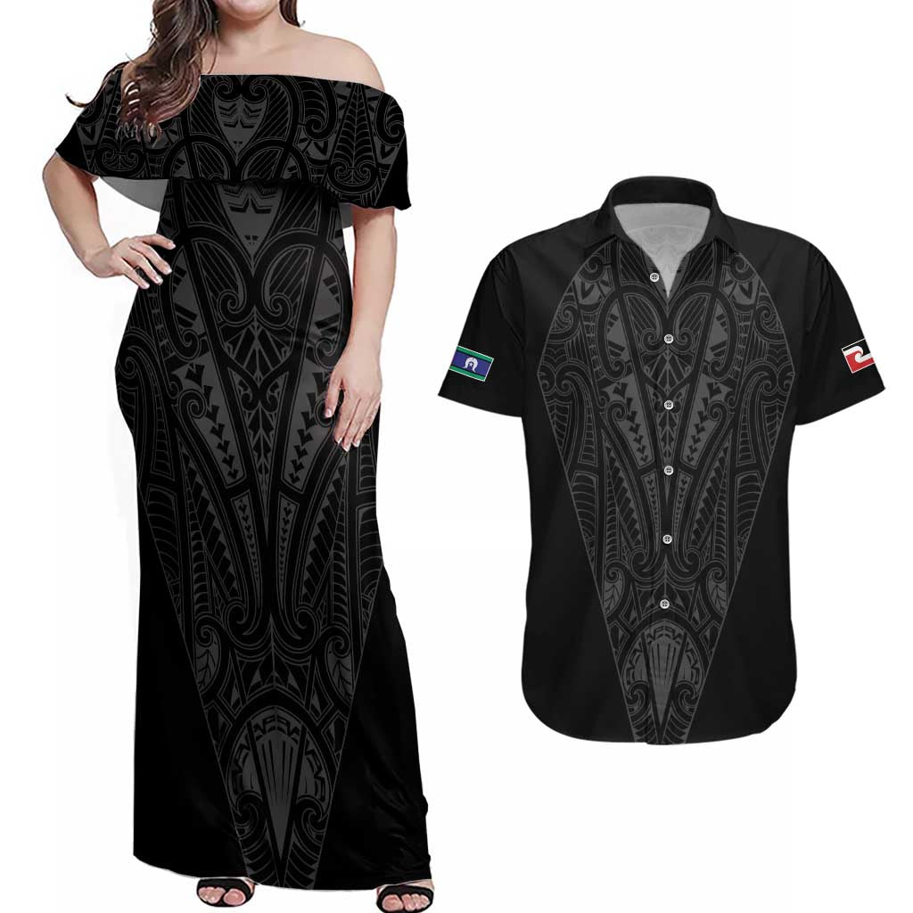 Queensland Maori Rugby Nga Hau e Wha Couples Matching Off Shoulder Maxi Dress and Hawaiian Shirt Black Motif LT9 Black - Polynesian Pride