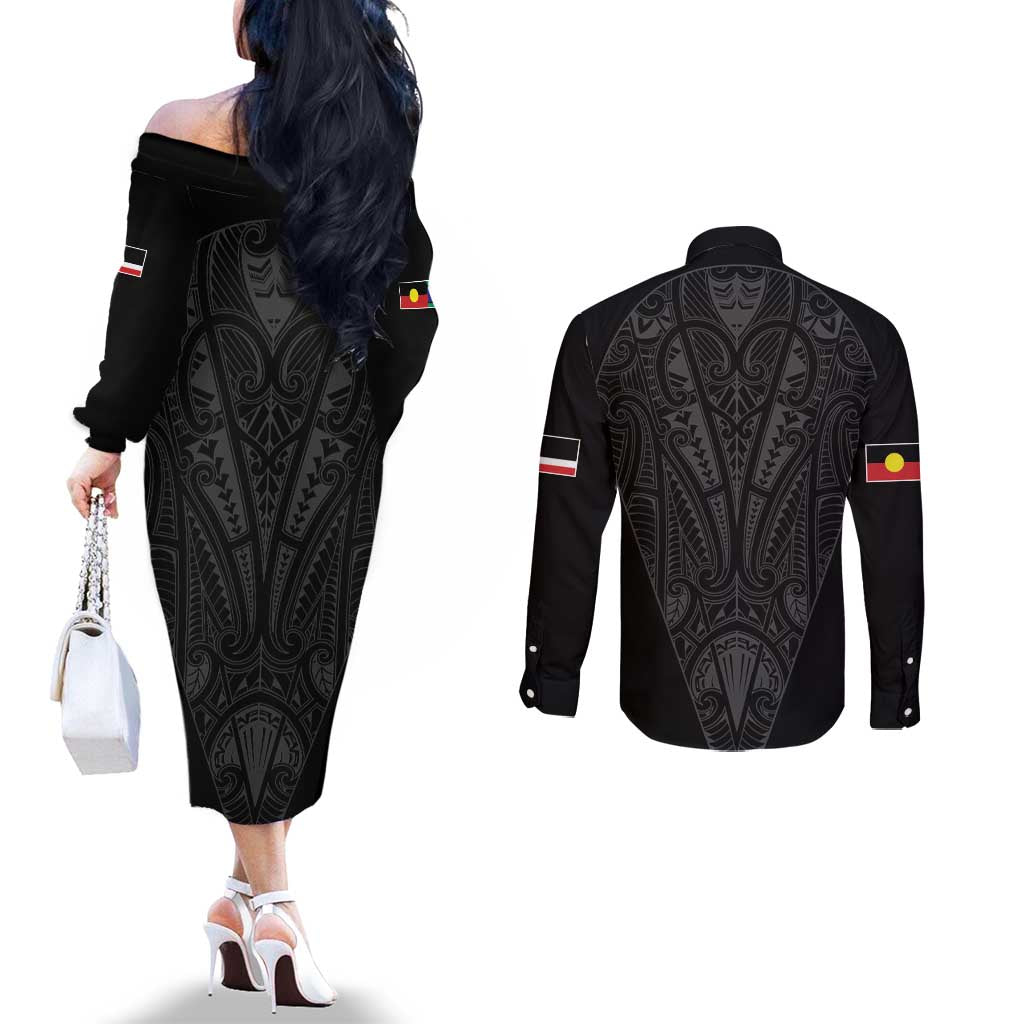 Queensland Maori Rugby Nga Hau e Wha Couples Matching Off The Shoulder Long Sleeve Dress and Long Sleeve Button Shirt Black Motif