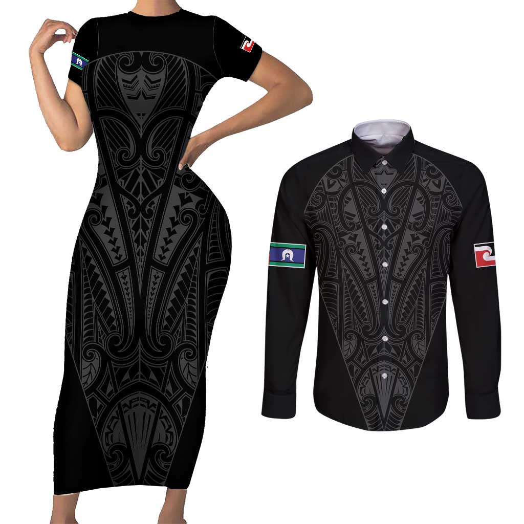 Queensland Maori Rugby Nga Hau e Wha Couples Matching Short Sleeve Bodycon Dress and Long Sleeve Button Shirt Black Motif LT9 Black - Polynesian Pride