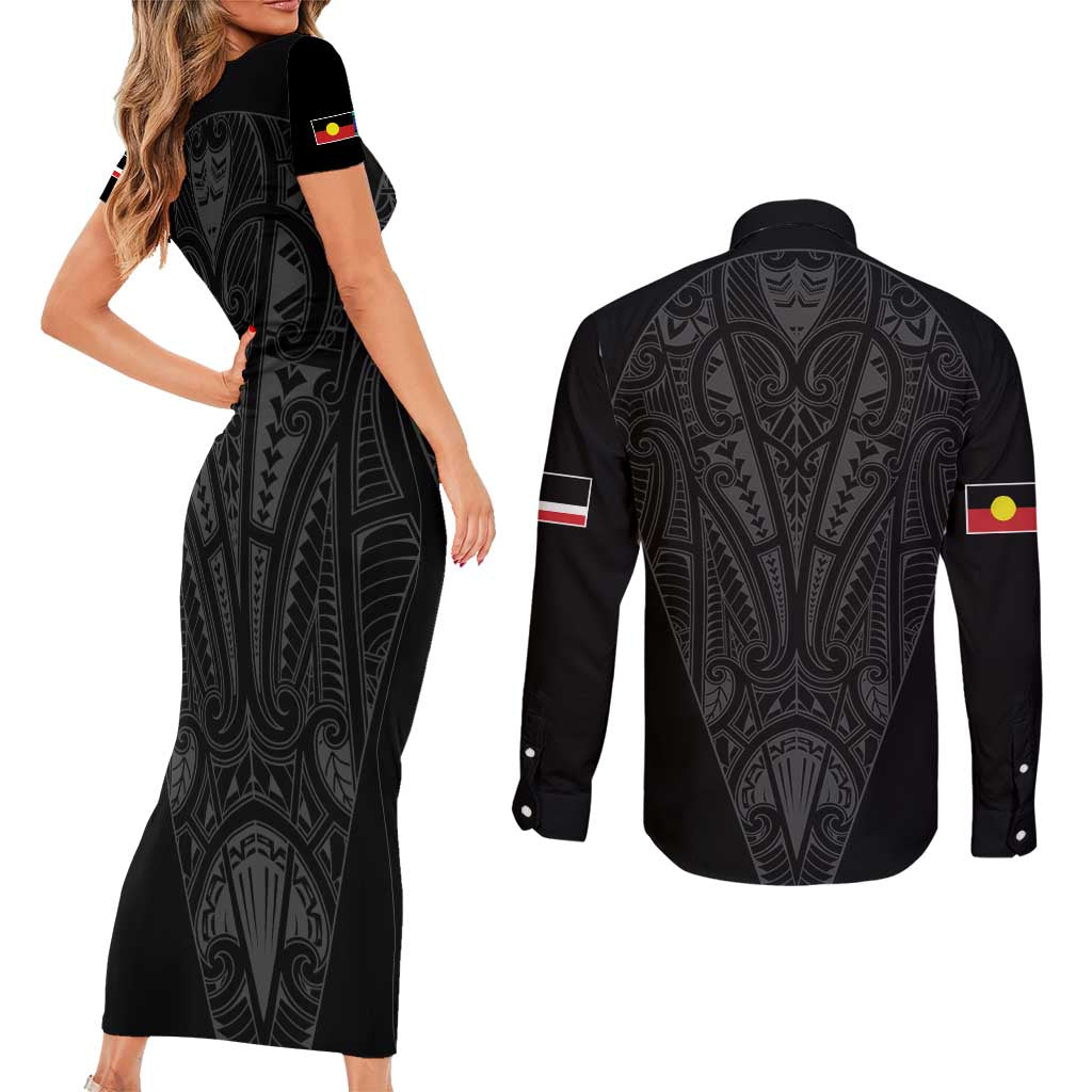 Queensland Maori Rugby Nga Hau e Wha Couples Matching Short Sleeve Bodycon Dress and Long Sleeve Button Shirt Black Motif