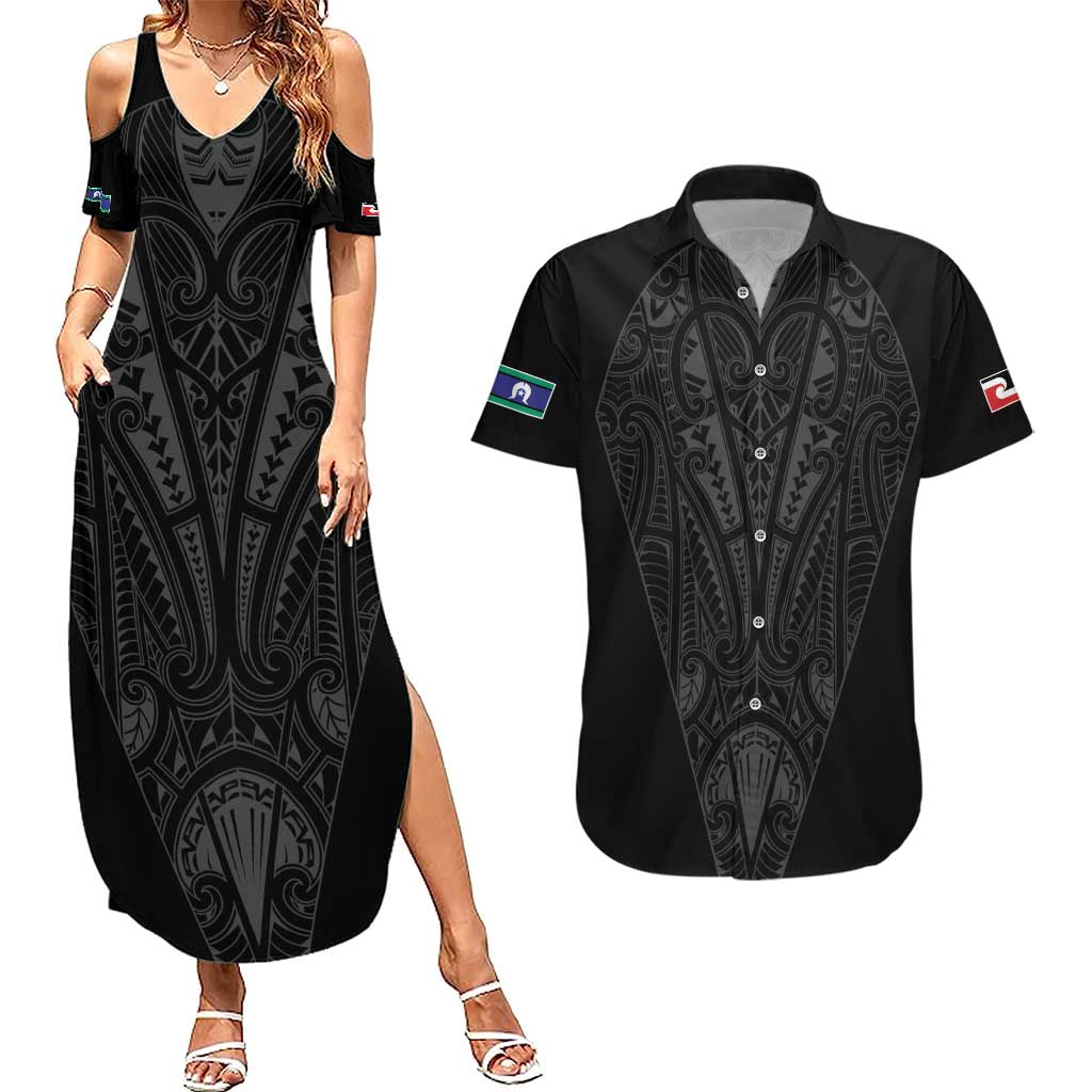 Queensland Maori Rugby Nga Hau e Wha Couples Matching Summer Maxi Dress and Hawaiian Shirt Black Motif