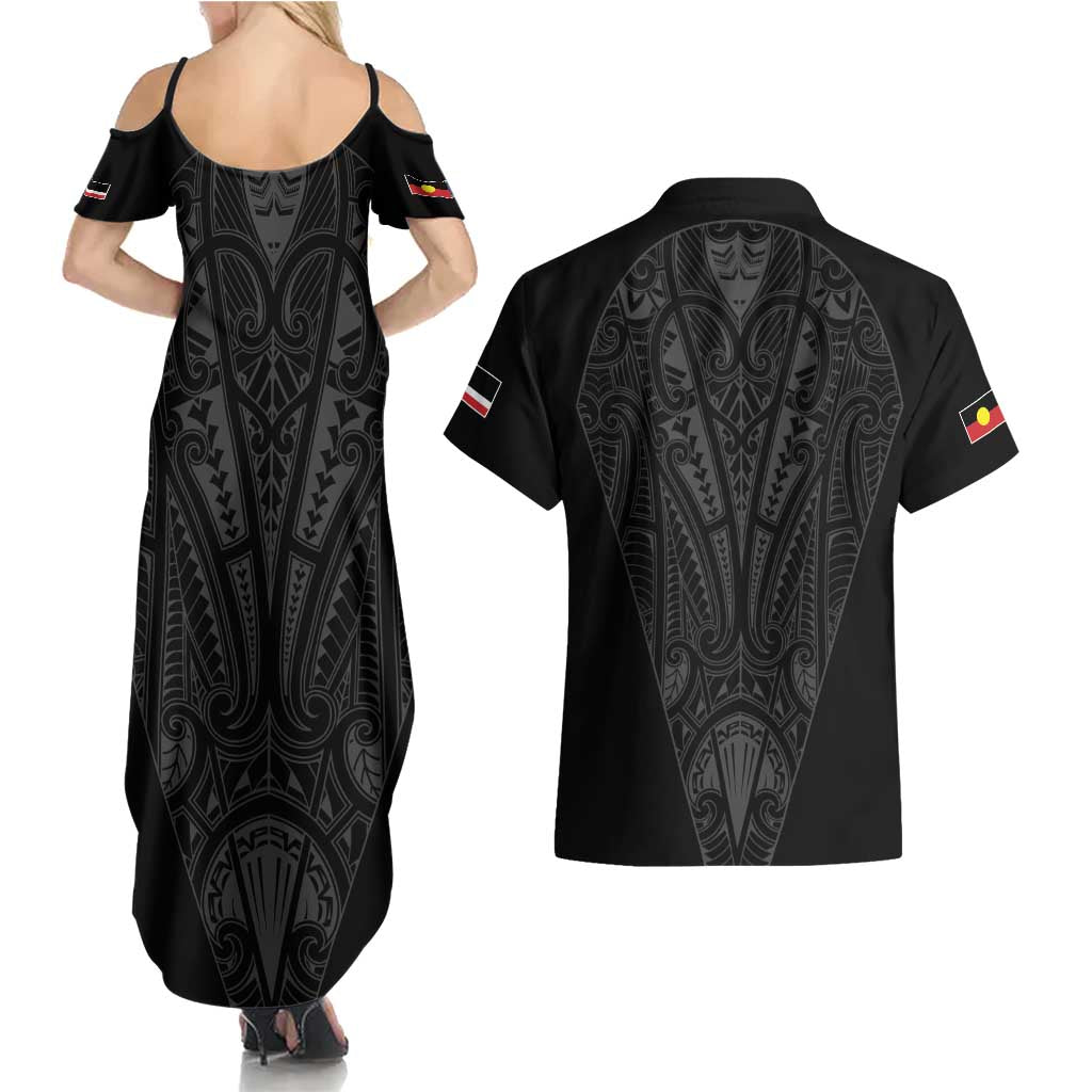 Queensland Maori Rugby Nga Hau e Wha Couples Matching Summer Maxi Dress and Hawaiian Shirt Black Motif