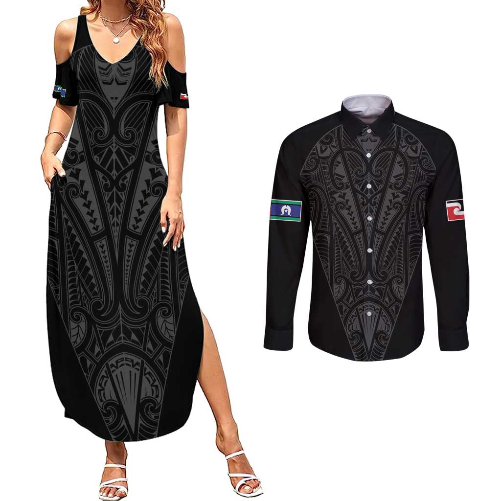 Queensland Maori Rugby Nga Hau e Wha Couples Matching Summer Maxi Dress and Long Sleeve Button Shirt Black Motif LT9 Black - Polynesian Pride