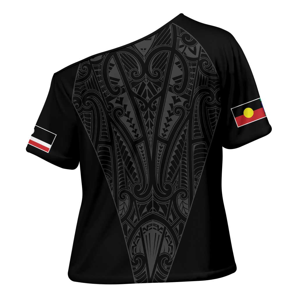 Queensland Maori Rugby Nga Hau e Wha Cross Shoulder Shirt Black Motif - Polynesian Pride