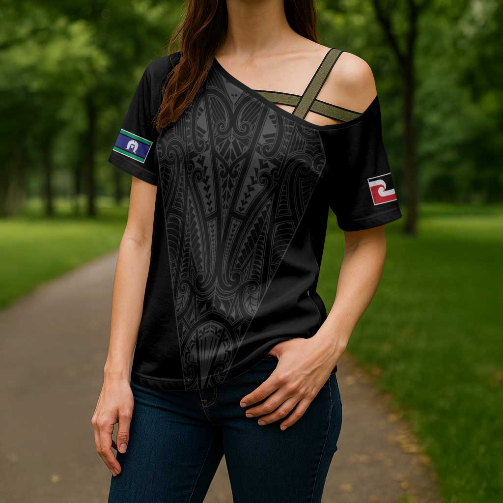 Queensland Maori Rugby Nga Hau e Wha Cross Shoulder Shirt Black Motif - Polynesian Pride