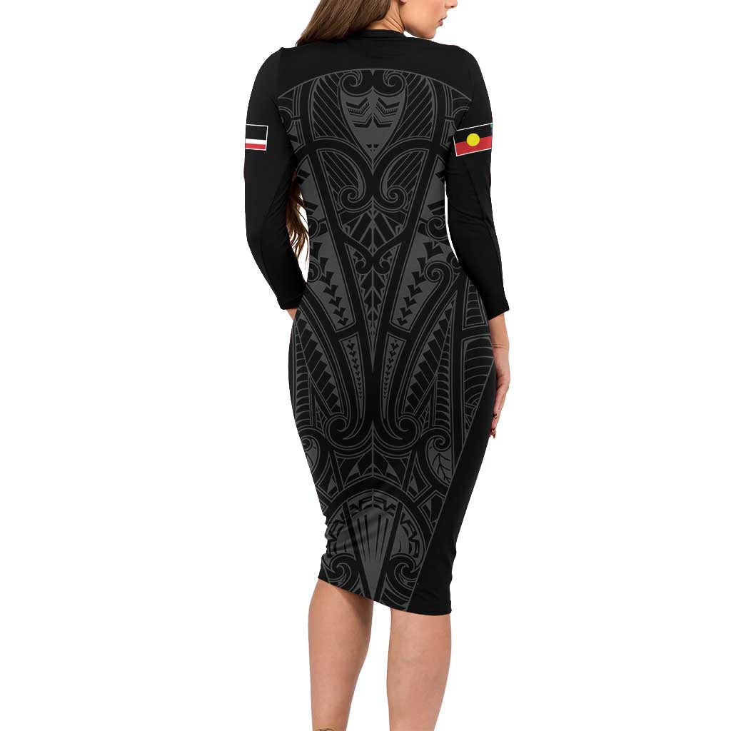 Queensland Maori Rugby Nga Hau e Wha Family Matching Long Sleeve Bodycon Dress and Hawaiian Shirt Black Motif