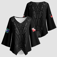 Queensland Maori Rugby Nga Hau e Wha Kimono Sleeve Blouse Black Motif - Polynesian Pride