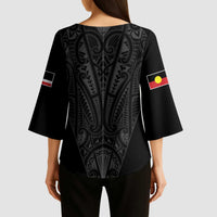 Queensland Maori Rugby Nga Hau e Wha Kimono Sleeve Blouse Black Motif - Polynesian Pride