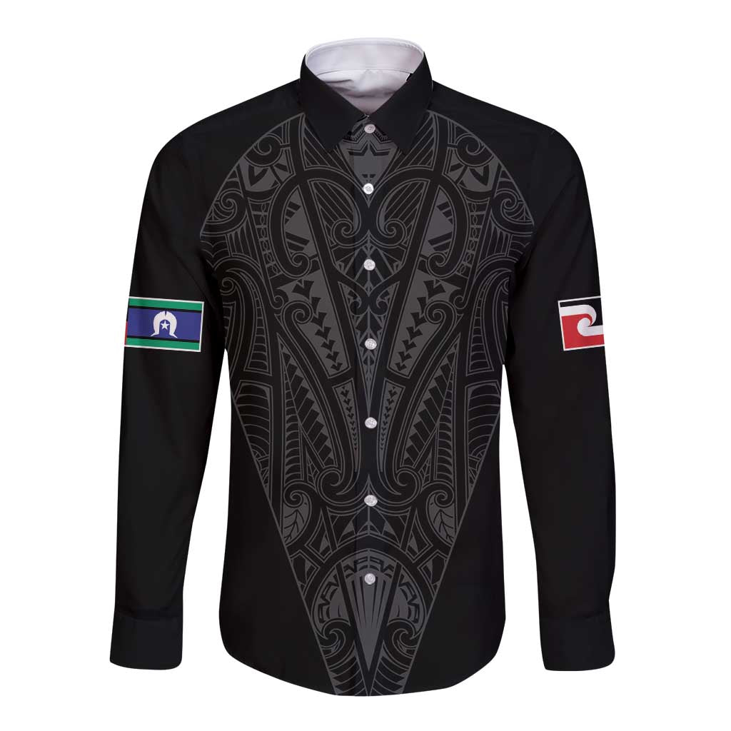 Queensland Maori Rugby Nga Hau e Wha Long Sleeve Button Shirt Black Motif LT9 Unisex Black - Polynesian Pride