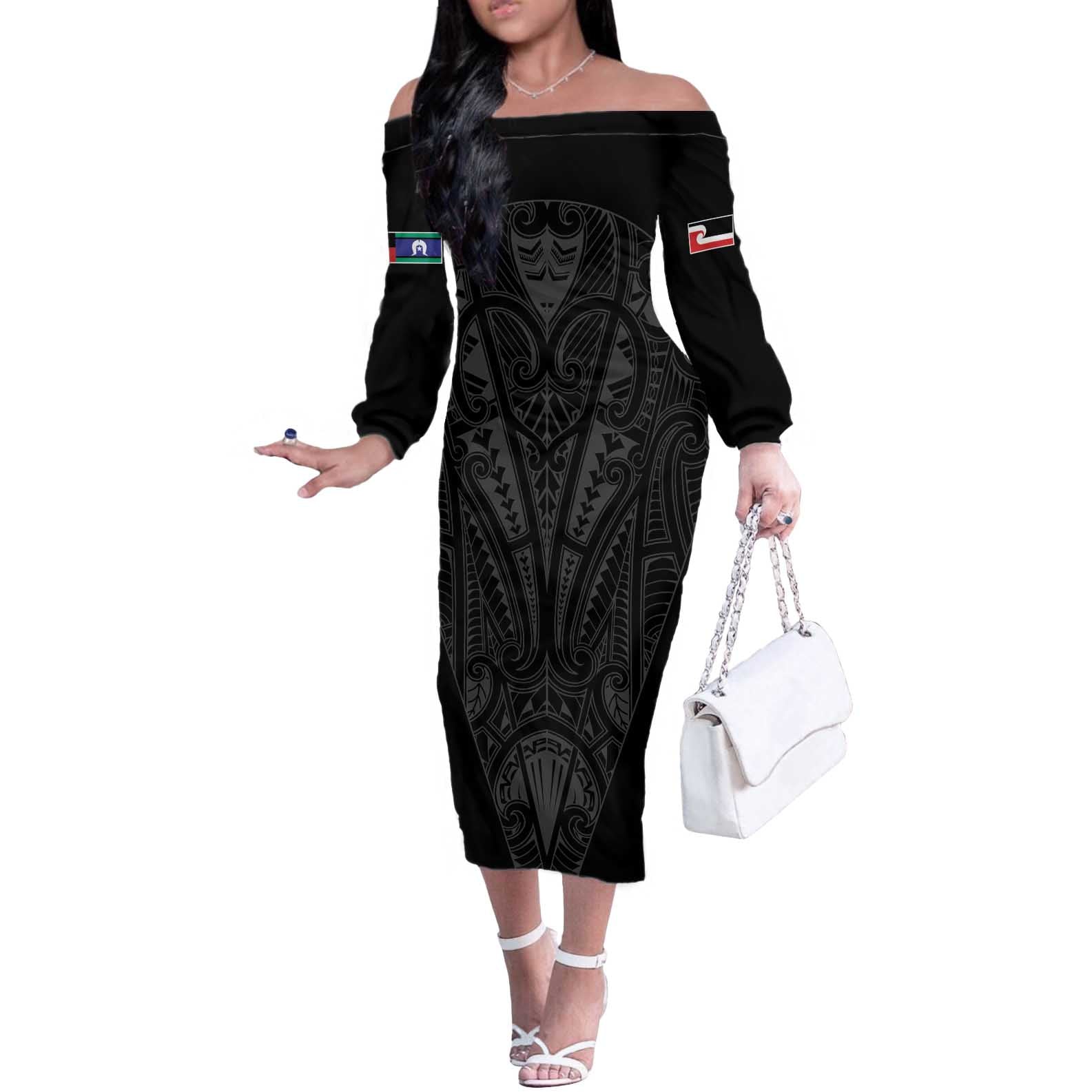 Queensland Maori Rugby Nga Hau e Wha Off The Shoulder Long Sleeve Dress Black Motif