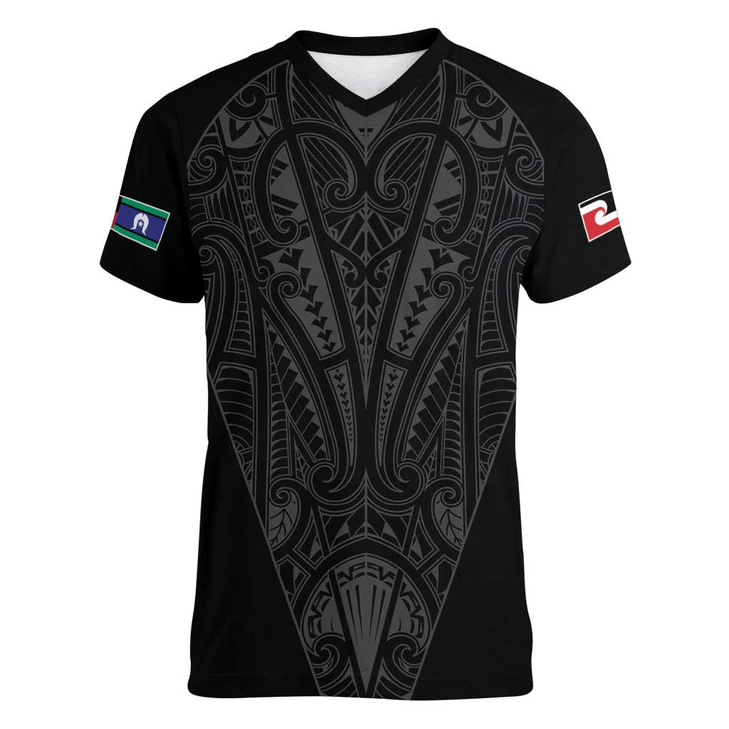 Queensland Maori Rugby Nga Hau e Wha Women V-Neck T-Shirt Black Motif LT9 Female Black - Polynesian Pride