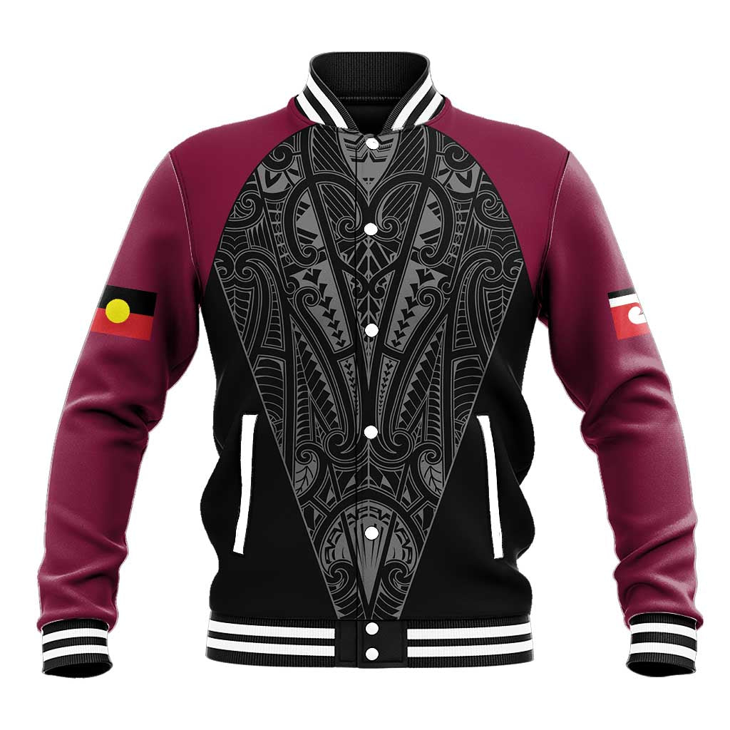 Queensland Maori Rugby Nga Hau e Wha Baseball Jacket Maroon Motif LT9 Unisex Maroon - Polynesian Pride