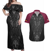 Queensland Maori Rugby Nga Hau e Wha Couples Matching Off Shoulder Maxi Dress and Hawaiian Shirt Maroon Motif