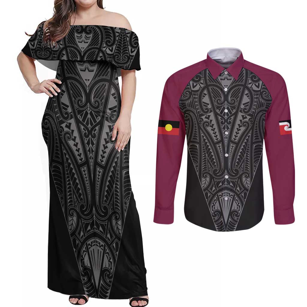 Queensland Maori Rugby Nga Hau e Wha Couples Matching Off Shoulder Maxi Dress and Long Sleeve Button Shirt Maroon Motif