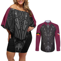 Queensland Maori Rugby Nga Hau e Wha Couples Matching Off Shoulder Short Dress and Long Sleeve Button Shirt Maroon Motif