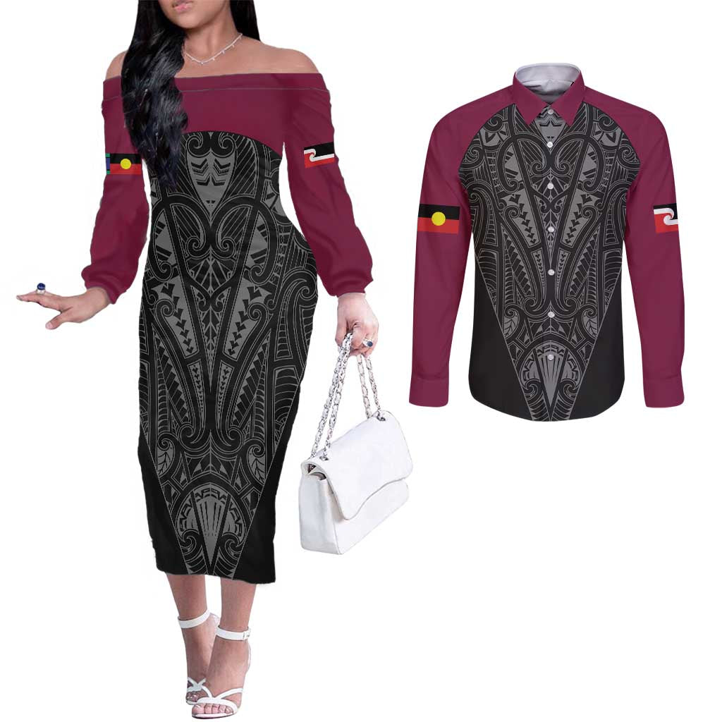 Queensland Maori Rugby Nga Hau e Wha Couples Matching Off The Shoulder Long Sleeve Dress and Long Sleeve Button Shirt Maroon Motif LT9 Maroon - Polynesian Pride
